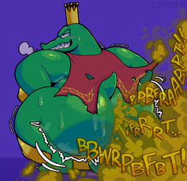 balls belly_on_ground big_butt blush bodily_fluids butt butt_jiggle cape claws clothing crouching crown fart fart_cloud fart_fetish farting_at_viewer genitals headgear huge_butt jiggling male onomatopoeia pecs saggy_balls sharp_teeth solo sound_effects straining sweat sweaty_butt teeth text leprosick donkey_kong_(series) nintendo king_k._rool animal_humanoid crocodile crocodilian humanoid kremling reptile scalie scalie_humanoid hi_res