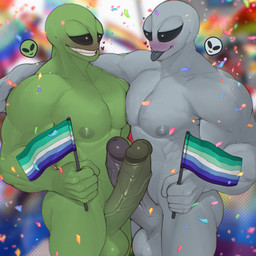 5_fingers anthro balls big_balls big_penis black_eyes blush duo emoji erection fingers genitals green_body grey_body humanoid_genitalia humanoid_penis lgbt_pride male male/male muscular nipples not_furry penis pride_colors rainbow_flag rainbow_pride_flag rainbow_symbol smile tongue tongue_out vein veiny_penis deuzion lgbt_pride_month alien 2026 hi_res