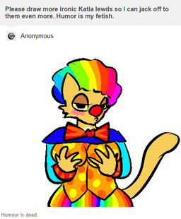anthro black_eyes blush bow_(feature) bow_tie breasts clothed clothing female front_view hair holding_breast humor looking_at_viewer multicolored_hair rainbow_hair red_nose short_hair simple_background solo text white_background jam_(artist) bethesda_game_studios microsoft oblivion prequel_adventure the_elder_scrolls katia_managan felid khajiit mammal aliasing binary_drawing digital_drawing_(artwork) digital_media_(artwork) english_text
