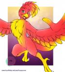 anthro beak dipstick_beak feathered_crest feathers female gradient_feathers green_eyes head_crest red_body red_feathers simple_background wings yellow_body yellow_feathers fuzzycoma banjo-kazooie rareware kazooie avian bird breegull crossover digital_media_(artwork)