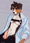 anthro black_body black_fur brown_eyes clothed clothing fur male sitting smile solo free-opium canid canine canis domestic_dog mammal 2022 digital_media_(artwork) hi_res