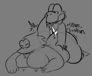 anthro back_hair big_butt big_moobs bodily_fluids body_hair bow_tie bow_tie_only butt cartoon_eyes clothing cum cum_inside excessive_cum excessive_genital_fluids eyes_closed fluffy footwear genital_fluids looking_back looking_sideways lying male male/male moobs mostly_nude nude on_front overweight overweight_anthro overweight_male plap smile smirk smirking_at_partner socks thick_thighs henrique_rick mario_bros nintendo lickid wermn squirmle worm yoshi hi_res monochrome sketch