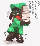 ambiguous_gender anthro big_glasses black_body black_fur blush bodily_fluids book circle_glasses clear_urine clothed clothing dialogue eyewear fur genital_fluids glasses green_clothing green_hat green_headwear green_robe hat headgear headwear heart_symbol holding_book holding_object kemono omorashi open_mouth paws peeing red_scarf robe round_glasses scarf shaking shivering short_tail simple_background solo stained_clothing sweat tail tears text tremble_spikes trembling urine urine_on_clothing urine_on_ground urine_on_leg urine_on_self urine_pool urine_pooling wetting wizard_hat young young_anthro rainichi deltarune undertale_(series) ralsei bovid caprine goat mammal hi_res japanese_text translated