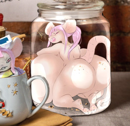 anthro big_breasts big_butt breasts butt container female fur hair half-closed_eyes huge_breasts huge_butt hyper hyper_breasts in_container in_jar kneeling narrowed_eyes nude open_mouth pink_body pink_hair pink_skin ponytail side_boob solo thick_thighs white_body white_fur wide_hips dullvivid kimberly_(dullvivid) mammal mouse mousemallow murid murine rodent hi_res