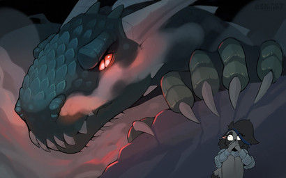 5_fingers ambiguous_gender anthro biped claws clothed clothed_anthro clothed_female clothing duo female feral finger_claws fingers front_view fur green_body green_scales grey_body grey_fur grey_hair grey_tail hair horn red_eyes scales sitting tail teeth askart mythology muffin_(askart) dragon mammal mythological_creature mythological_scalie procyonid raccoon scalie 16:10 2025 digital_media_(artwork) hi_res widescreen