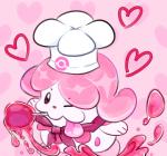 ambiguous_gender apple bow_(feature) bow_tie candy candy_apple dessert food fruit heart_symbol one_eye_closed pink_background plant simple_background solo tongue tongue_out plumchi nintendo pokemon generation_6_pokemon pokemon_(species) slurpuff