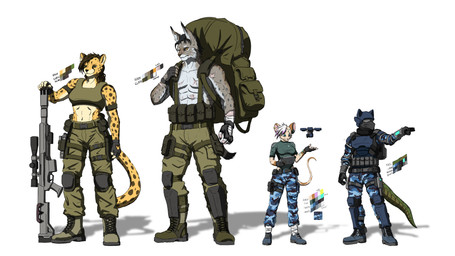 anthro armor backpack bandage bandaged_arm black_hair blue_camo blue_eyes bodysuit bra brown_hair burn_scar camo clothing color_swatch combat_gear combat_helmet cybernetics drone exosuit female fingerless_gloves footwear fur gloves green_clothing green_eyes grey_body grey_fur group gun hair handwear headgear helmet long_ears machine male markings muscular muscular_anthro muscular_female muscular_male orange_body orange_eyes orange_fur painted_hair piercing ranged_weapon rifle round_ears scar shoes simple_background skinsuit sneakers sports_bra spots spotted_markings tactical_gear text tight_clothing underwear weapon white_background white_hair turianel_black cheetah felid feline lizard lynx mammal mouse murid murine reptile rodent scalie 16:9 4k absurd_res english_text hi_res reference_image shaded simple_shading widescreen