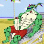 anthro beach big_penis bodily_fluids eyewear genital_fluids genitals humanoid_genitalia humanoid_penis male muscular muscular_anthro nipples penis precum pubes_exposed sea solo sunglasses water nazuranoke brawl_stars supercell_(company) buzz_(brawl_stars) reptile scalie hi_res watermark