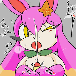 big_ears bodily_fluids cum disembodied_penis duo ejaculation female feral floppy_ears front_view genital_fluids genitals grey_background handjob heart_symbol humanoid_genitalia humanoid_penis kemono male male/female one_eye_closed open_mouth penile penis pink_body sex simple_background sweat tan_body text yellow_eyes ardest palworld pocketpair flopie pal_(species) 1:1 2026
