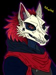 3:4 anthro blue_body bone canid canine canis clothing disturbed_(band) edwardsjs21 fur hair hi_res jacket kerchief male mammal mask purple_eyes red_hair retrohnd shirt skull skull_head skull_mask skulldog_(species) topwear white_body white_fur wolf