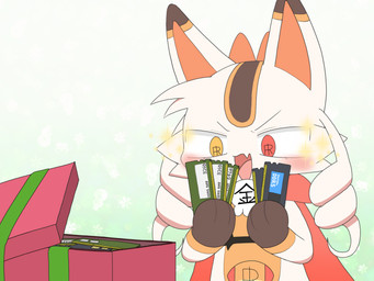 ambiguous_anthro ambiguous_gender anthro box cheek_tuft cjk_character cloak clothed clothing computer_chip container dipstick_ears ear_markings facial_tuft front_view fur gift gift_box gradient_background heterochromia holding_object kemono markings multicolored_body multicolored_ears multicolored_fur open_mouth open_smile pattern_background pupils random_access_memory red_cloak red_clothing red_eyes simple_background smile solo sparkles standing symbol-shaped_pupils tuft unusual_pupils white_background white_body white_fur yellow_eyes yut_(pixiv) devil_connection makemon maneko_(makemon) felid feline mammal 2025 4:3 colored digital_media_(artwork) hi_res female_(lore)