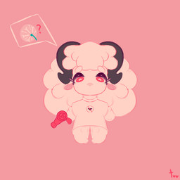 after_shower anthro black_eyebrows black_horn clothing dryer eyebrows female flower fluffy fluffy_hair hair hair_dryer holding_object horn logo logo_on_clothing logo_on_shirt looking_at_viewer object_in_hand pink_background pink_ears plant question_mark red_eyes shirt simple_background solo speech_bubble standing star_eyes text topwear white_body white_clothing white_hair white_shirt white_topwear twiks twizzy_(twiks) bovid caprine mammal sheep 1:1 2026 artist_name