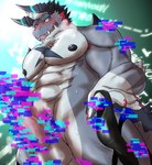 abs anthro balls blue_eyes blush erection genitals grey_body hair horn male muscular muscular_anthro muscular_male nipples nude pecs penis solo white_hair yom_mido_plus lifewonders live_a_hero mythology giansar dragon mythological_creature mythological_scalie scalie hi_res