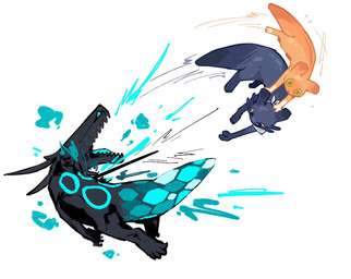 ambiguous_gender blue_eyes blue_tongue feral group kerchief looking_at_another melee_weapon motion_lines open_mouth paws polearm quadruped simple_background spear taik tongue trio weapon white_background yellow_sclera aaasakawa rain_world videocult lizard_(rain_world) slugcat 2026 hi_res
