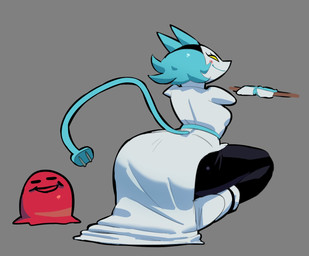 anthro big_butt blue_ears blue_hair butt clothed clothed_anthro clothed_female clothing cord_tail dress female female_anthro floating_hands footwear grey_background hair kneeling machine mouth_closed rear_view simple_background smile thick_thighs white_clothing white_dress white_face white_footwear yellow_sclera kitapult deltarune undertale_(series) nubert tasque_manager darkner mammal robot robot_anthro 2025 digital_media_(artwork) full-length_portrait hi_res portrait