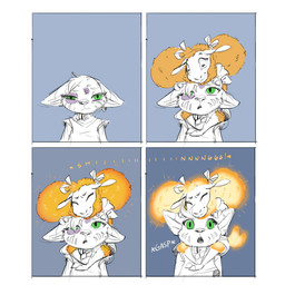 4_panel_comic accessory amused anthro black_eyes blonde_hair clothing collar duo ear_piercing ear_ring eyes_closed facial_markings female floppy_ears frown fur gasp glowing glowing_hair green_eyes hair hair_accessory hair_ribbon head_markings head_tuft horizontal_pupils hug hugging_another jersey looking_at_another looking_up markings narrowed_eyes onomatopoeia open_mouth piercing pointy_ears pupils ribbons ring_piercing sad scratches shirt simple_background slit_pupils smile sound_effects striped_markings stripes text topwear tuft twintails_(hairstyle) yellow_body yellow_fur ruffu pepper_in_the_sandbox merina_(ruffu) pepper_(ruffu) bovid caprine domestic_sheep felid feline mammal merino_sheep serval sheep 1:1 comic digital_drawing_(artwork) digital_media_(artwork)