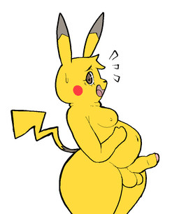 balls brown_eyes erection genitals looking_at_viewer male moobs overweight overweight_male penis pokemorph shy slightly_chubby smile solo thick_thighs alekoin nintendo pokemon generation_1_pokemon pikachu pokemon_(species)