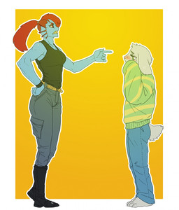 3_toes anthro barefoot belt belt_buckle blue_body bodily_fluids breasts buckle claws clothed clothing duo eye_patch eyewear feet female fur hair long_ears male pattern_clothing plantigrade red_eyes red_hair simple_background standing striped_clothing stripes tears teeth toes white_body white_fur yellow_sclera yellow_teeth pgm300 undertale undertale_(series) asriel_dreemurr undyne animal_humanoid aquatic aquatic_humanoid boss_monster_(undertale) bovid caprine fish fish_humanoid goat humanoid mammal 2015 digital_media_(artwork) hi_res