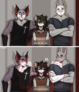 5_fingers anthro biped blue_eyes blush bottomwear breasts brown_hair claws clothed clothed_anthro clothed_female clothed_male clothing crossed_arms ear_piercing eyewear female finger_claws fingers front_view fully_clothed fully_clothed_anthro fully_clothed_female fully_clothed_male fur gauged_ear glasses group hair heterochromia inside looking_at_viewer male piercing purple_body purple_fur red_eyes sitting smile teeth text throuple topwear trio verification white_body white_fur yellow_eyes spuydjeks face_verification_meme marshall_(spuydjeks) miles_(spuydjeks) spuydjeks_(character) bat hyena lagomorph leporid mammal rabbit 2026 comic digital_drawing_(artwork) digital_media_(artwork) english_text hi_res