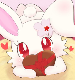 accessory bed candy chibi chocolate chocolate_heart dessert flower flower_in_hair food fur furniture hair hair_accessory heart_symbol holidays looking_at_viewer lying on_bed on_front plant red_eyes white_body white_fur bluehiyokobunny jewelpet sanrio sega sega_fave valentine's_day ruby_(jewelpet) lagomorph leporid mammal rabbit hi_res