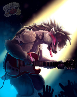 ambiguous_gender anthro audience concert electric_guitar feral fur fur_markings glowing glowing_eyes group guitar guitar_pick hands_in_air mane markings motion_lines musical_instrument pink_eyes playing_music plucked_string_instrument rocking_out smoke solo spotlight stage_lights string_instrument tongue tongue_out camazule nintendo pokemon generation_8_pokemon obstagoon pokemon_(species) 4:5 absurd_res hi_res