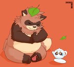 anthro belly brown_body brown_fur duo eyes_closed fur implied_transformation kemono leaf male overweight overweight_male simple_background sitting transformation doon franook canid canine mammal raccoon_dog tanuki 2012