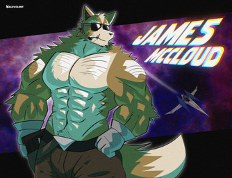 abs anthro belt biceps bottomwear brown_bottomwear brown_clothing brown_pants bulge clothed clothing deltoids electronics eyewear fur gloves gun handwear headgear headphones headset male mouth_scar multicolored_body multicolored_fur muscular muscular_anthro muscular_male pants pecs ranged_weapon solo spacecraft sunglasses tail tan_body tan_fur text triceps two_tone_body two_tone_fur vehicle weapon white_body white_fur malevolent101 nintendo star_fox star_fox_(2026) james_mccloud canid canine fox mammal 2026 absurd_res chromatic_aberration digital_media_(artwork) film_grain hi_res