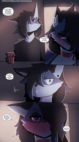 anthro beverage blue_body blue_eyes blue_fur breasts chest_tuft clothed clothing collar dialogue duo female fur male male/female one_eye_obstructed pouting simple_background text tuft lizzard_sama balto_(baltofurry) jenna_(baltofurry) canid canine canis mammal wolf absurd_res comic english_text hi_res brother_(lore) brother_and_sister_(lore) incest_(lore) sibling_(lore) sister_(lore)
