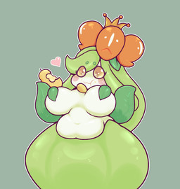 belly belly_overhang big_breasts blush blush_stickers breasts casual_nudity closed_smile crumbs deep_navel eating eating_food eye_through_hair eyebrow_through_hair eyebrows eyelashes female flower_on_head front_view green_body grey_background hair happy heart_reaction holding_pear huge_hips leaf leaf_arms legless mouth_closed multicolored_body navel not_furry nude outline overweight overweight_female overweight_humanoid plant pseudo_hair simple_background smile solo translucent translucent_hair white_body white_outline wide_hips yellow_eyes moogers nintendo pokemon elemental_creature elemental_humanoid flora_fauna generation_5_pokemon humanoid lilligant plant_humanoid pokemon_(species) 2023 digital_media_(artwork) hi_res portrait shaded soft_shading three-quarter_portrait