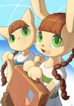 :3 anthro bangs bottomwear brown_hair clothing duo female green_eyes hair head_turned holding_object looking_at_viewer open_mouth pants partners shirt suitcase topwear twintails_(hairstyle) floeofice bemani konami pop'n_music mimi_(pop'n_music) nyami_(pop'n_music) felid feline lagomorph mammal digital_drawing_(artwork) digital_media_(artwork) hi_res