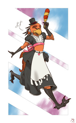 abstract_background anthro bottomwear bow_ribbon cleaning_tool clothed clothing crossdressing crossdressing_male feather_duster feet femboy hat headgear headwear maid_apron maid_uniform male midriff singing skirt solo talon_hands talons toes top_hat uniform destrustor european_mythology greek_mythology mythology destrustor_(character) avian mythological_avian mythological_bird mythological_creature mythological_firebird phoenix absurd_res hi_res