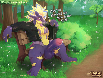 abs balls bench big_penis bodily_fluids bottomless bottomless_male breath clothed clothing dialogue erection genital_fluids genitals glowing glowing_hair hair humanoid_genitalia humanoid_penis jacket jacket_only leather leather_clothing leather_jacket leather_topwear male mohawk muscular muscular_male outside panting patreon_logo pecs penis piercing precum public public_nudity purple_body purple_penis sitting solo spikes spikes_(anatomy) text tongue tongue_out topwear topwear_only bagu conditional_dnp nintendo patreon pokemon amped_toxtricity generation_8_pokemon pokemon_(species) toxtricity 2026 absurd_res english_description english_text hi_res url