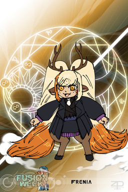 3_eyes antlers blonde_hair brown_body brown_fur clothed clothed_female clothing female freckles fur fusion hair hooves horn light_body light_skin long_hair multi_eye open_mouth orange_hair smile solo twintails_(hairstyle) yellow_eyes zerospanda final_fantasy final_fantasy_xiv square_enix athenia_adominian freya_agalith animal_humanoid deer deer_humanoid faun humanoid lalafell mammal mammal_humanoid satyr 2:3 absurd_res hi_res