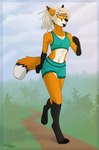 black_body black_fur clothing dreadlocks eye_scar facial_scar female fur green_clothing hair long_hair orange_body orange_fur running scar solo tail white_body white_fur white_hair yellow_eyes kaurimoon canid canine fox mammal hi_res