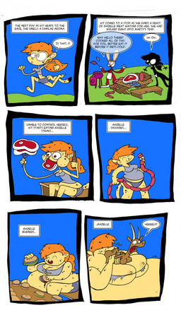 anthro belly big_belly big_breasts breasts female female_pred food greeting group hair huge_belly male meat oral_vore orange_hair outside overweight speech_bubble text trio vore weight_gain yellow_body agouti-rex antelope bovid cheetah felid feline gazelle hare lagomorph leporid mammal 2015 comic english_text hi_res