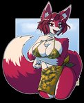 2020 alpha_channel anthro big_breasts bikini bikini_top black_lips breasts canid canine chest_tuft clothed clothing countershading female fox fur hair kdhynamo lips mammal red_body red_eyes red_fur red_hair regys_(carp) sarong simple_background smile solo swimwear transparent_background tuft white_body white_countershading