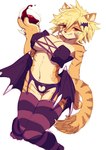 anthro bat_wings beverage big_breasts breasts claws cleavage clothed clothing fangs female fluffy fur garter_straps hair legs_together legwear membrane_(anatomy) membranous_wings narrowed_eyes navel pattern_clothing short_hair skimpy slim smile solo striped_body striped_clothing striped_fur stripes tail tail_aside teeth thick_thighs thigh_highs wide_hips wings hanadaiteol felid mammal pantherine tiger