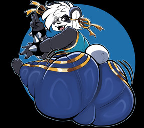 anthro big_butt bracelet bulge butt butt_focus clothed clothing cosplay emanata femboy hair huge_butt jewelry looking_back male one_eye_obstructed open_mouth scut_tail short_tail solo spiked_bracelet spikes tail white_hair doeswhatever capcom street_fighter chun-li sake_(nathanatwar) bear giant_panda mammal absurd_res hi_res