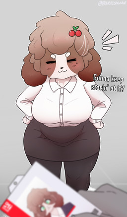 ambiguous_gender anthro big_breasts biped blush blush_lines bottomwear breasts businesswear clothed clothing collared_shirt dialogue dress_shirt duo eyelashes eyes_closed female female_anthro female_focus fingers front_view hair hands_on_hips id_card legwear miniskirt multicolored_body office_lady pencil_skirt shirt skirt solo_focus standing tear_trough text thick_thighs tights topwear white_body bluef1shcake aya_lin canid canine canis domestic_dog mammal 2026 digital_media_(artwork) english_text hi_res