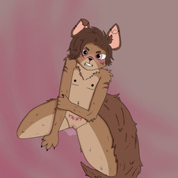 after_transformation andromorph anthro bared_teeth blush bodily_fluids brown_body brown_fur brown_hair fur fur_markings genital_fluids genitals hair intersex kneeling markings multiple_piercings piercing pink_eyes solo spread_legs spreading teeth vaginal_fluids vulva womb_tattoo fullofbread hyena mammal 1:1