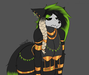 accessory anthro bent_over big_breasts biped black_body black_fur black_hair bone braided_hair breasts ear_piercing female fluffy fluffy_tail fur green_eyes green_hair grey_body grey_fur hair jewelry nipple_plugs nipples piercing plug_(sex_toy) sex_toy skull skull_head solo tail unimpressed wunp nadilya_(heliocintrini) canid canine canis domestic_dog mammal monster skulldog_(species) hi_res