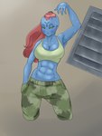 abs big_breasts blue_body blue_skin bodily_fluids breasts camo camo_print clothing female hair muscular not_furry simple_background solo sweat blackbetty warhammer_(franchise) warhammer_40000 alien humanoid t'au_(warhammer) 3:4