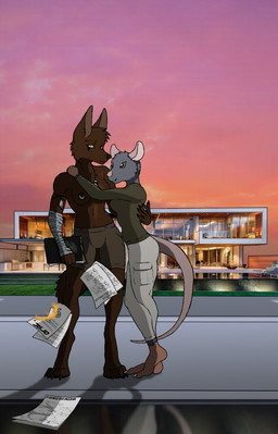 bandage barefoot bottomwear breasts claws clothed clothing commentary communism condo corporatocracy duo dusk feet female future history ideology mansion nipple_piercing nipples pants piercing politics swimming_pool topless war_plans aleone canid canine canis jackal mammal murid murine rat rodent digital_media_(artwork) full-length_portrait portrait
