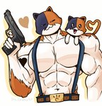 abs age_difference ambiguous_gender anthro belt big_pecs black_body black_fur bottomwear brown_body brown_fur clothing duo featureless_chest feral fur gesture gun heart_symbol heart_tail heart_tattoo holding_gun holding_object holding_ranged_weapon holding_weapon larger_anthro larger_male male multicolored_body multicolored_fur muscular muscular_anthro muscular_male navel older_anthro older_male pants pecs ranged_weapon simple_face size_difference smaller_ambiguous smaller_feral smile suspenders tail tail_gesture tail_heart tattoo weapon white_body white_fur younger_ambiguous younger_feral its_coldpizza epic_games fortnite kit_(fortnite) meowscles calico_cat domestic_cat felid feline felis mammal hi_res father_(lore) father_and_child_(lore) male_(lore) parent_(lore) parent_and_child_(lore)