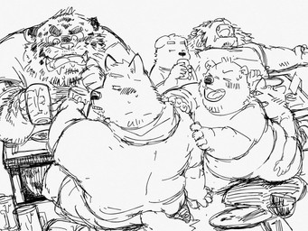alcohol anthro beer beverage blush bottomwear clothing drinking drunk eyes_closed group humanoid_hands kemono lying male overweight overweight_male shirt shorts sitting substance_intoxication topwear pommn_mn bear canid canine canis domestic_dog felid lion mammal pantherine tiger 2022 4:3 hi_res monochrome sketch