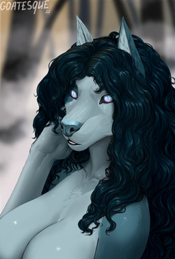 anthro breasts female forest hair looking_at_viewer plant solo text tree year goatesque canid canine canis mammal wolf 2023 absurd_res artist_name digital_media_(artwork) hi_res signature