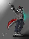 anthro blood bodily_fluids clothed clothing desert_eagle fur gun hair handgun male pistol ranged_weapon simple_background solo standing teeth weapon wounded ndragon3 canid canine mammal 3:4 absurd_res hi_res