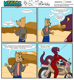 anthro bike_suit bottomwear clothing cochlear_implant_processor deaf denim denim_bottomwear denim_clothing desert dialogue duo female gesture jacket jeans male motorcycle pants shirt shrug text topwear vehicle baristagamerproductions ada_(gem_hunters) alfonso_(gem_hunters) canid canine canis dingo mammal reptile scalie snake absurd_res comic english_text hi_res