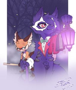 angry animal_genitalia anthro balls baseball_bat bat_(object) being_watched collar duo_focus eyewear fluffy fog freckles genitals glasses group lamp lantern leash looking_at_another male mask nude outside plant public public_nudity sheath tree gingy_k_fox doctor_noc gingy_(gingy_k_fox) canid canine canis fox mammal wolf