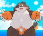 2024 absurd_res anthro balls belly bernese_mountain_dog big_belly black_body black_nose blush brown_body canid canine canis censored cloud domestic_dog erection genitals hi_res humanoid_hands kemono male mammal molosser moobs mountain_dog navel nipples outside overweight overweight_male penis sessa solo sun swiss_mountain_dog water white_body